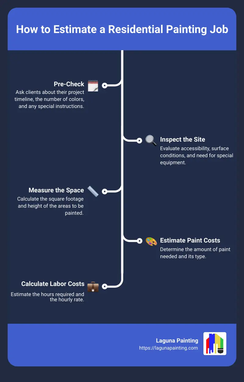 Illustration showing steps to estimate a residential painting job, from initial client questions to final cost calculations. - how to estimate a residential painting job infographic infographic-line-5-steps