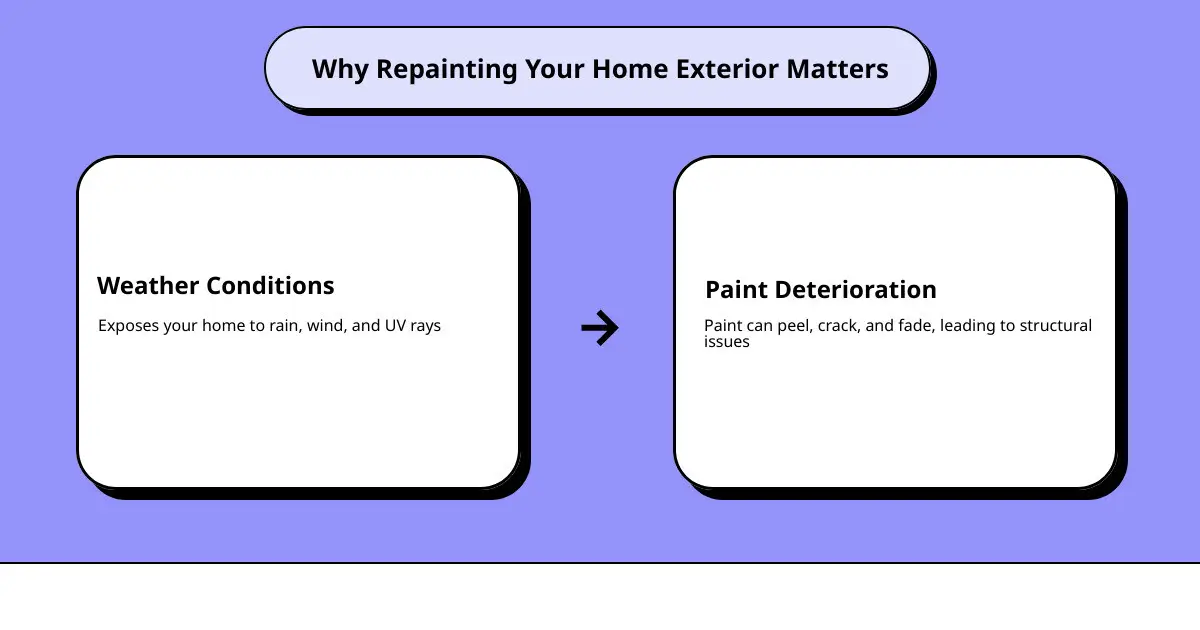 infographic showing a house with a paintbrush and weather icons indicating elements affecting paint lifespan, like the sun, rain, and wind - how often should you paint the exterior of your house infographic cause_effect_text