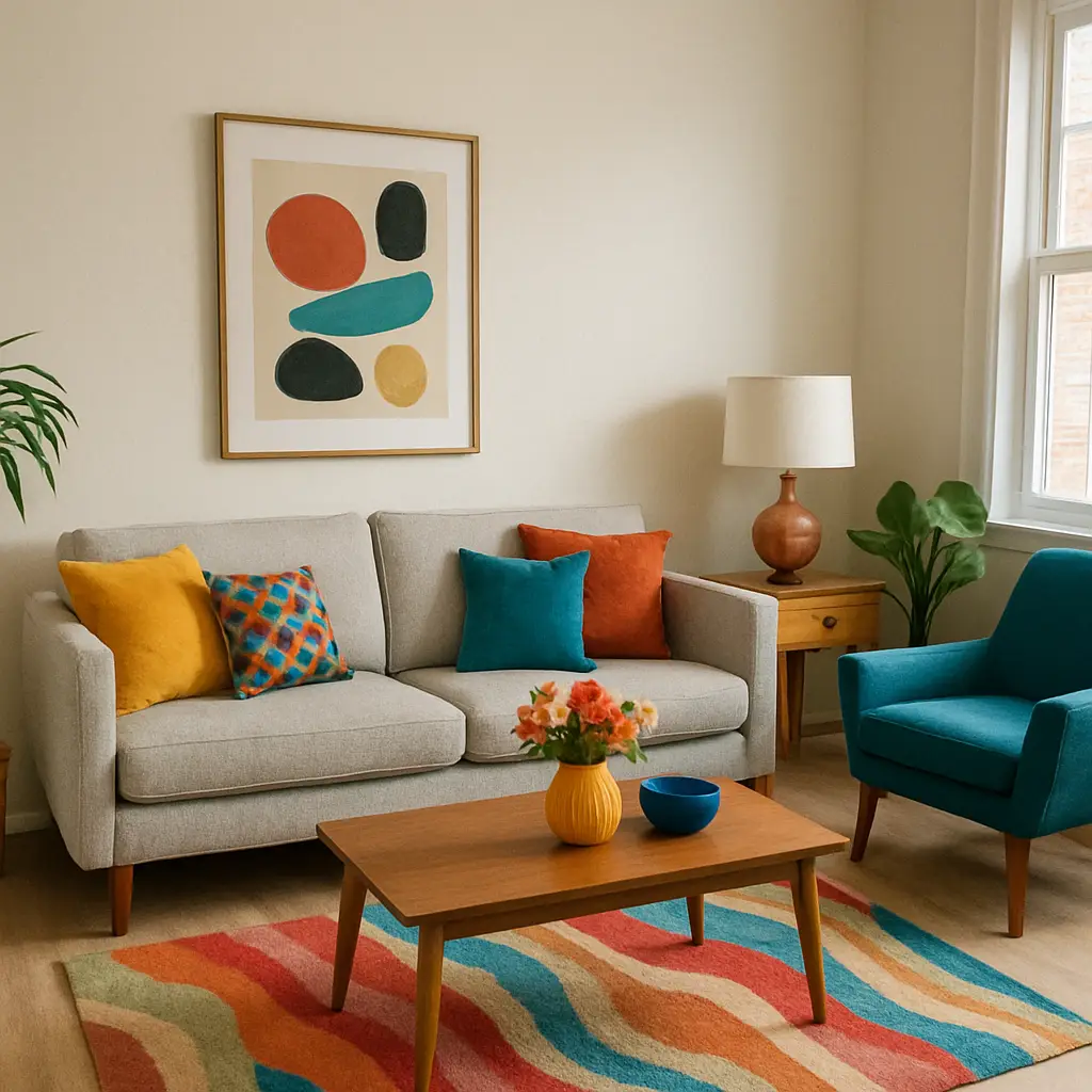Living room with neutral walls and colorful accents