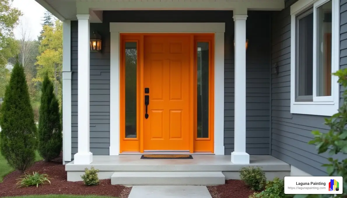 Vibrant Orange Door with Cool Gray Siding - best exterior house paint colors