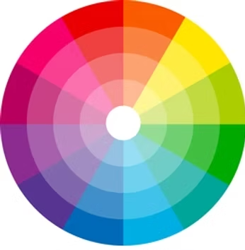 Circular color wheel showing a spectrum from red through orange, yellow, green, blue, to purple with a white center hub.