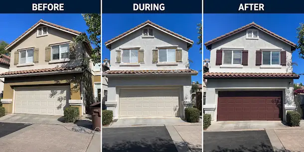 Three-panel sequence of a two-story suburban house labeled Before, During, After: beige siding and light garage; during—primer gray; after—finished gray siding with a dark brown garage door.