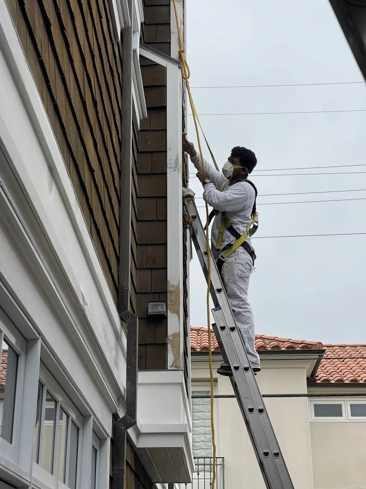 Construction worker on a ladder performing exterior maintenance on a brown-shingled house, wearing a harness and mask, holding a rope.