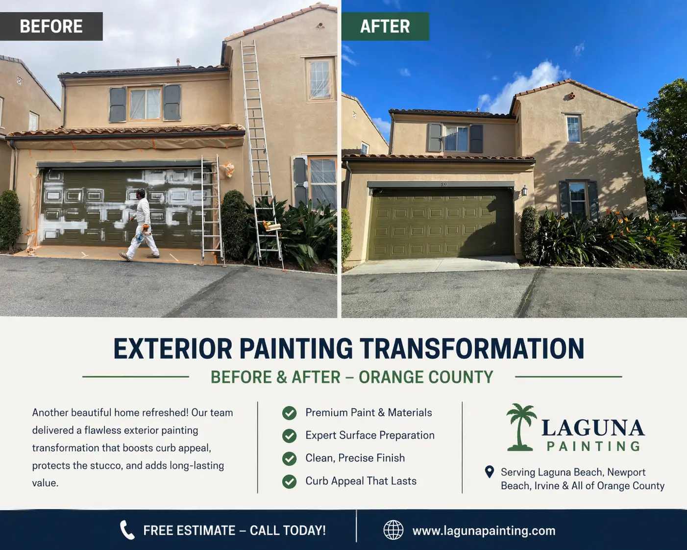 Split image of a two-story home: left shows 'BEFORE' with peeling tan garage door and a worker, right shows 'AFTER' with a freshly painted green garage door and blue sky.