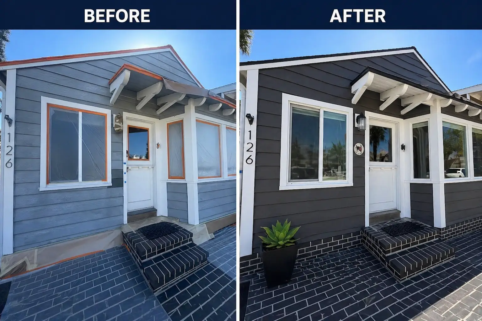 Before: a small blue house with orange-trimmed windows and taped glass, showing an unfinished entryway awaiting renovation.