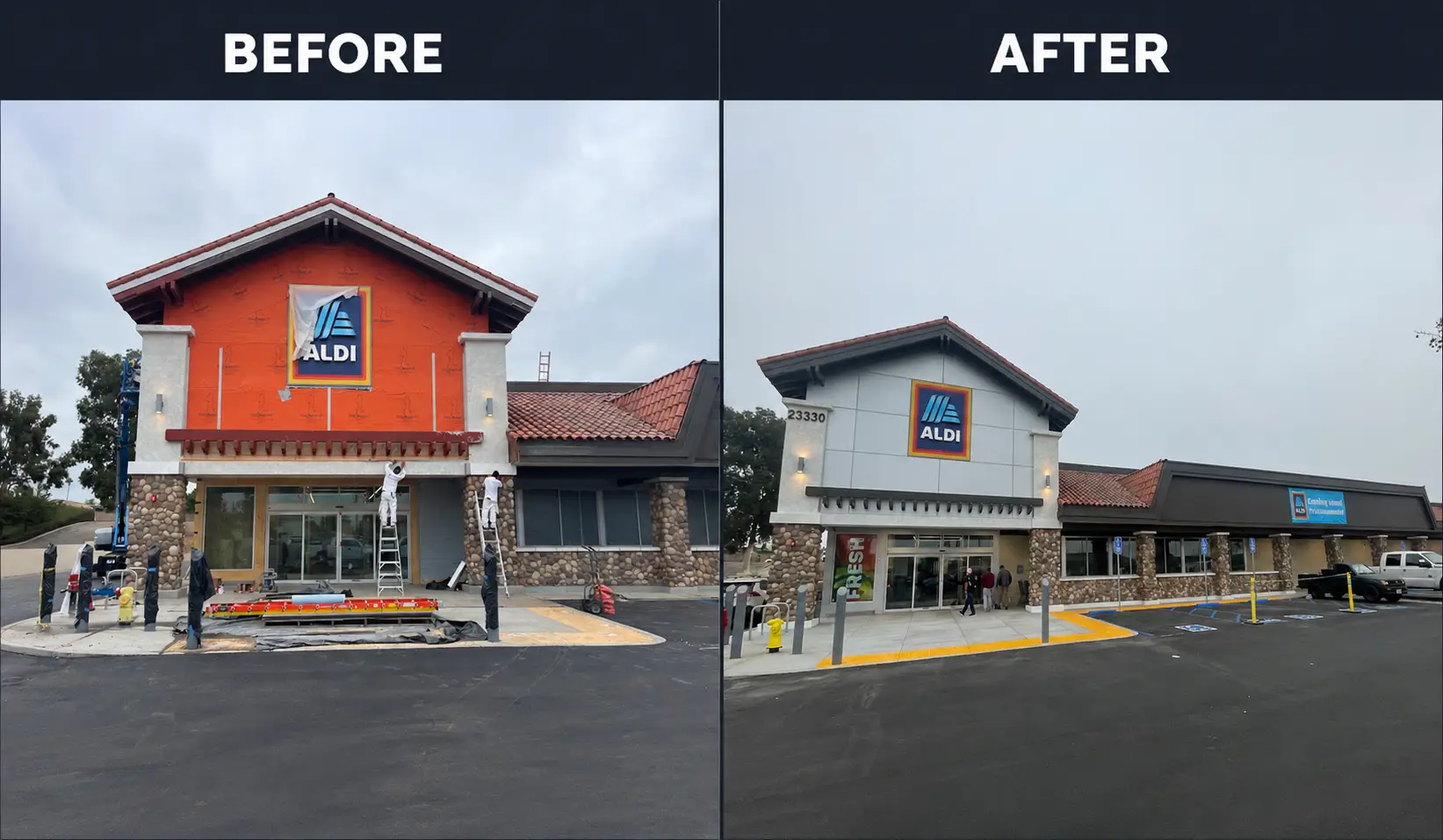 Split-screen before-and-after of an ALDI store renovation: left shows an under-construction orange storefront, right shows a finished gray facade with ALDI sign.