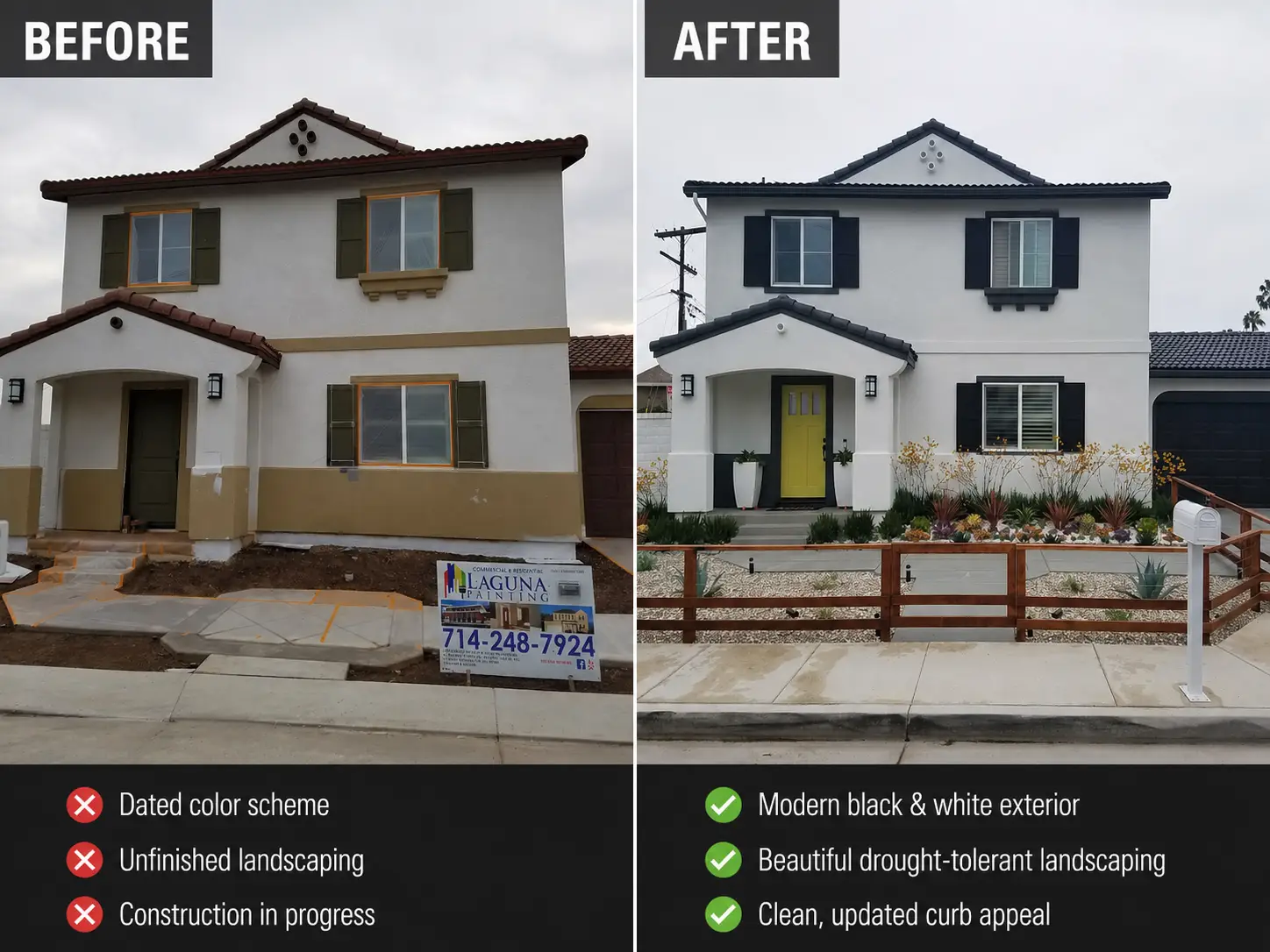 Before: a two-story stucco house with brown trim, incomplete landscaping, and a construction sign in the yard, showing an in-progress exterior repaint project on a cloudy day