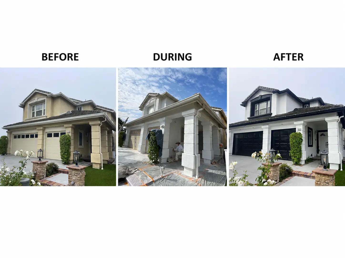 Triptych of a two-story house showing before, during, and after renovation stages: left panel beige exterior, center under construction with scaffolding/coverings, right panel white and dark trim finished exterior