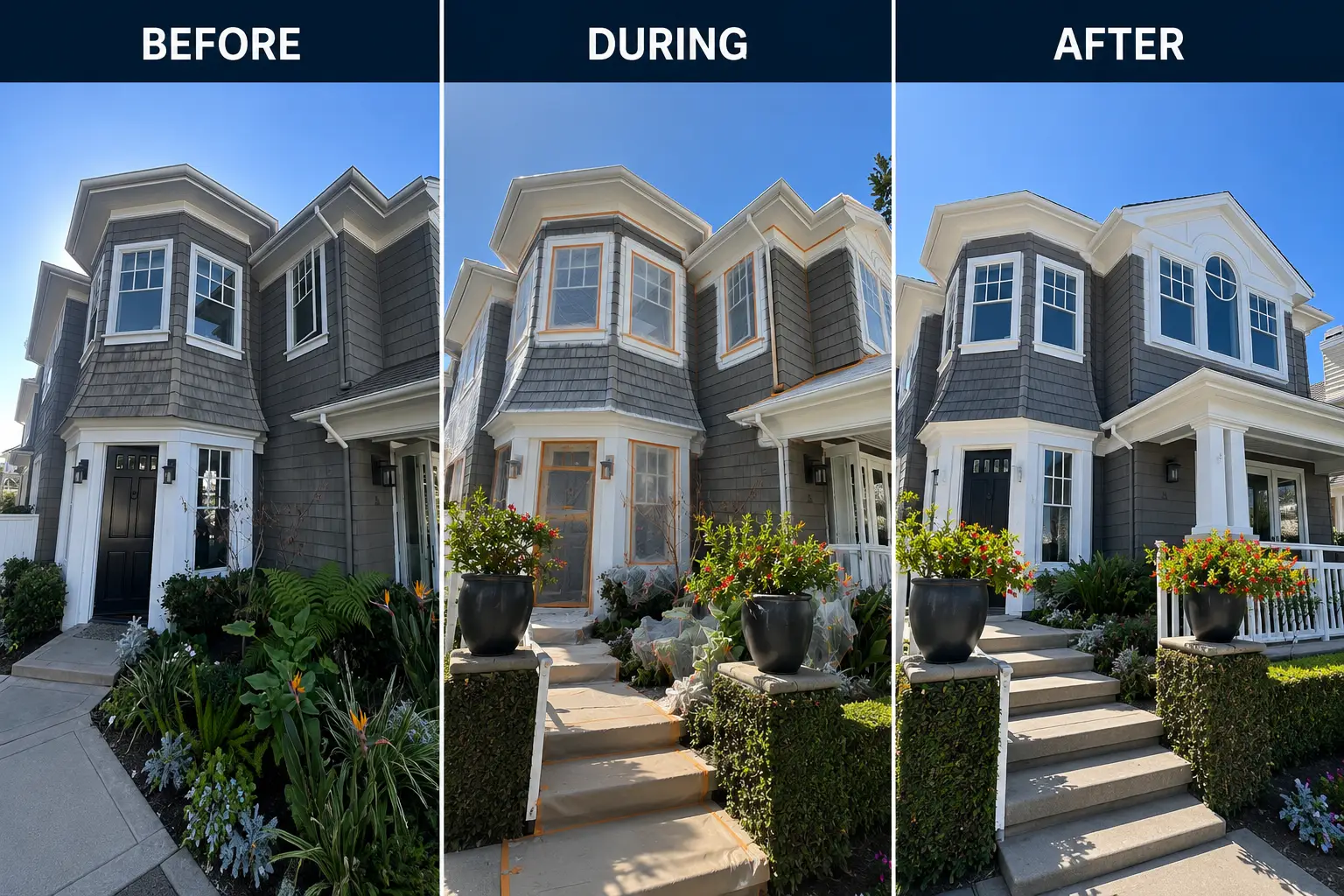 Before: gray two-story house with bay windows and a landscaped front garden with plants along the walkway/driveway.