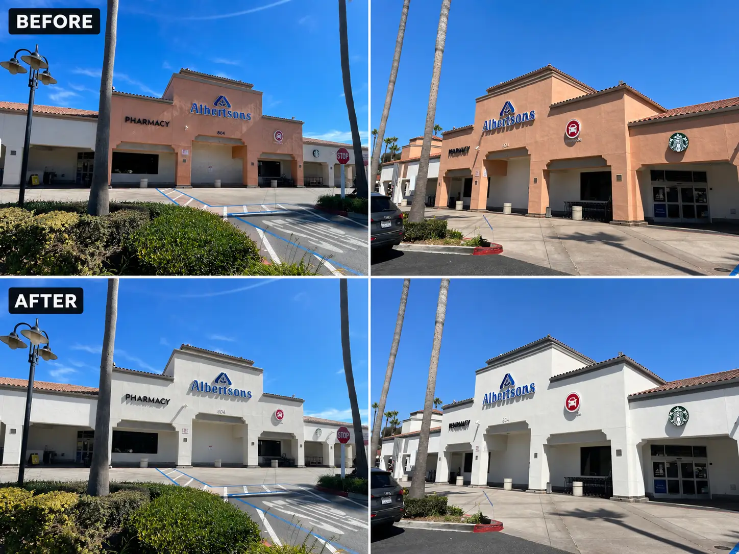Collage showing Albertsons storefronts before and after repaint: left panels brown, right panels white with blue Albertsons sign.