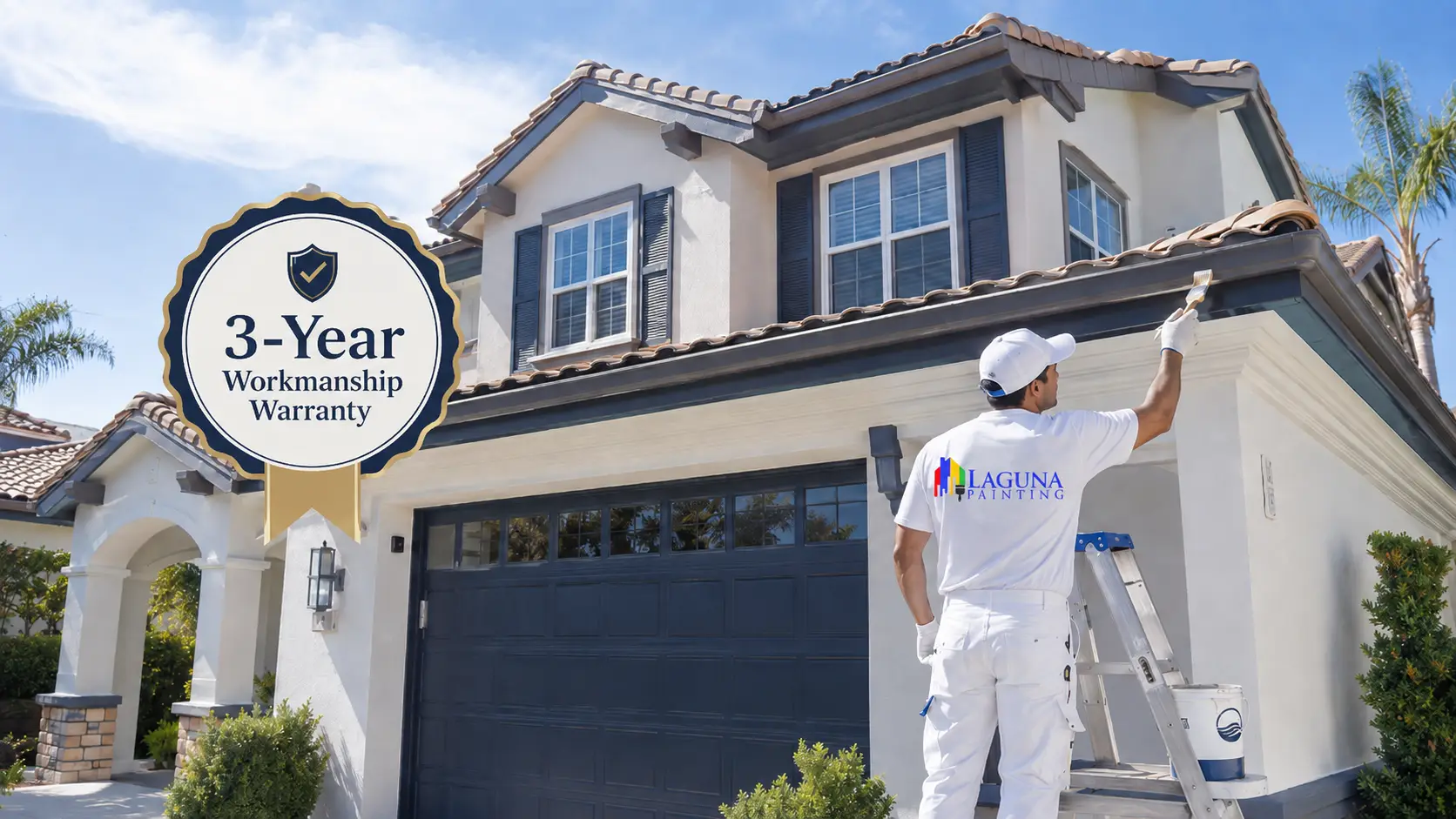 A painter in white uniform on a ladder painting the house trim, with a large '3-Year Workmanship Warranty' sign nearby.